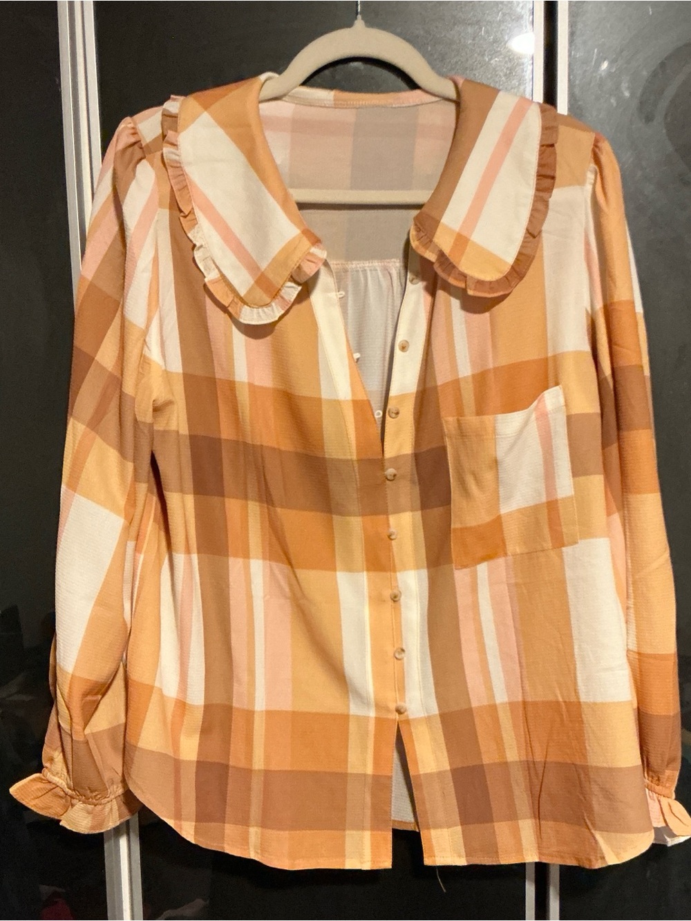 Plaid Button-Up Shirt in Peach and Cream
